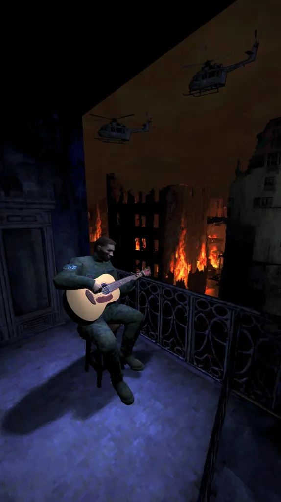 A lone soldier sits on a balcony, playing an acoustic guitar.  He's dressed in military fatigues, his shadowed face partially visible.  Below, a city burns intensely, flames licking at the ruined buildings. Two helicopters hover in the smoky, orange sky, adding to the scene's grim atmosphere. The contrast between the peaceful act of playing music and the war-torn landscape is striking.