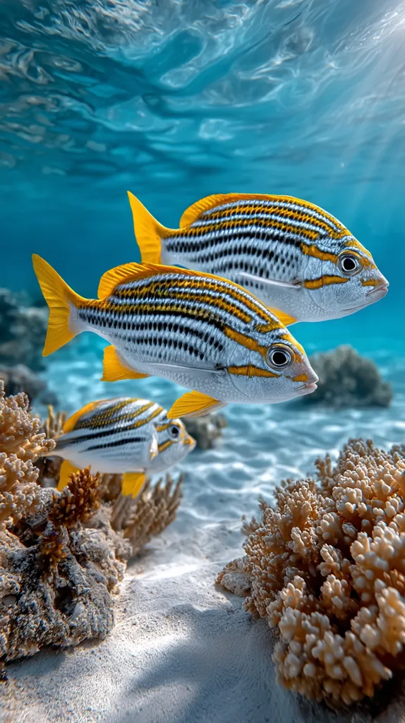 Three vibrant fish with yellow fins and black and white stripes swim gracefully above a coral reef. Sunlight filters through the crystal-clear water, illuminating the sandy seabed and the colorful coral formations.  A smaller fish of the same species is visible near the reef.  The scene depicts a thriving underwater ecosystem in a tropical ocean.