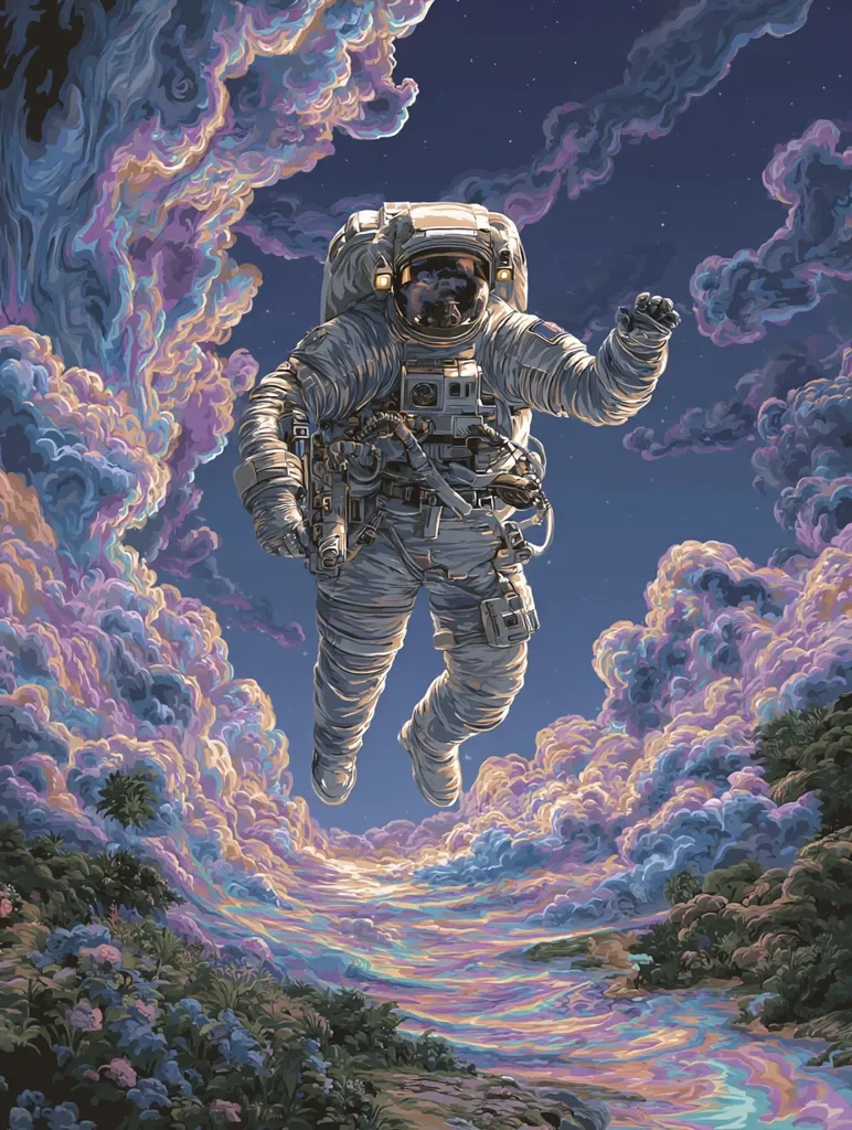 An astronaut floats serenely through a vibrant, dreamlike cosmos.  Surreal, pastel-colored clouds swirl beneath them, resembling a landscape of iridescent rivers and lush vegetation.  The astronaut, in a detailed spacesuit, appears weightless and at peace, creating a captivating juxtaposition of space and earthly beauty.  The artwork is highly stylized, with a focus on rich color and texture.