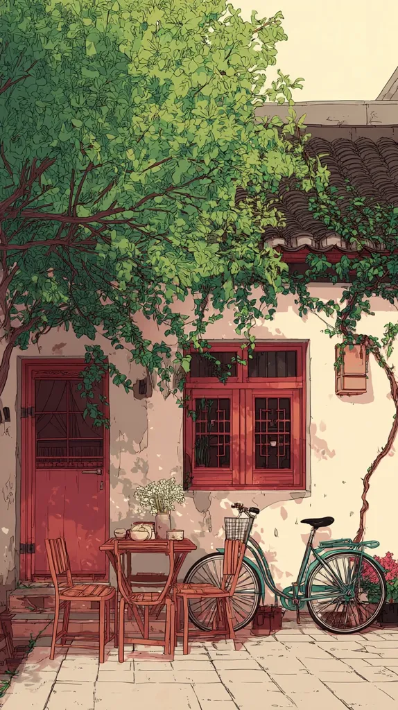 A tranquil courtyard scene is depicted, featuring a charming, light-colored house with red wooden doors and windows.  A lush green tree provides shade over a small wooden table and chairs, where a vase of flowers sits.  A teal bicycle leans against the house, adding to the peaceful, idyllic atmosphere of the illustration.  The paving stones and soft lighting contribute to a calm and serene ambiance.