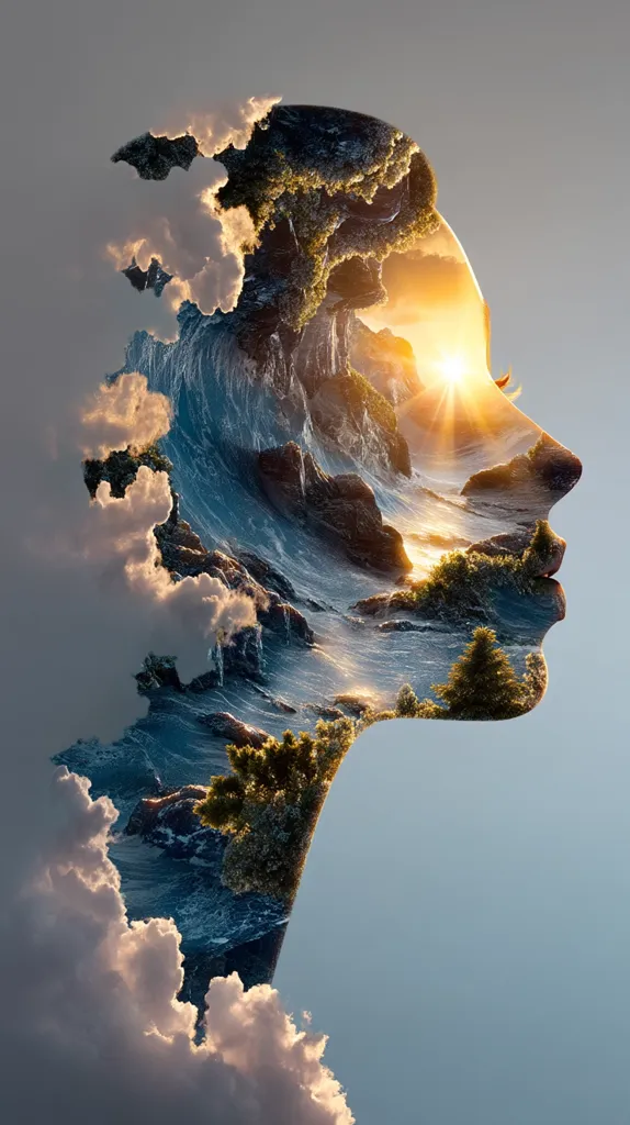 A profile of a woman's face is overlaid with a vibrant landscape.  Ocean waves crash against rocky shores, lush greenery thrives, and a sun shines brightly.  Clouds softly frame the image, creating a surreal and beautiful blend of nature and human form. The artwork evokes a feeling of inner peace and the interconnectedness of humanity and the environment.