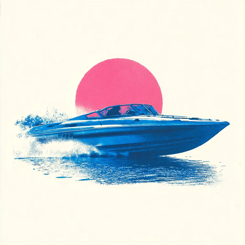 A stylized image depicts a blue speedboat cutting through water, creating a wake.  The boat is sharply defined against a minimalist background featuring a large, pink circle resembling a setting sun. The color palette is limited to blues, pinks, and whites, giving the piece a retro or vintage feel. The overall impression is one of speed, freedom, and summer.