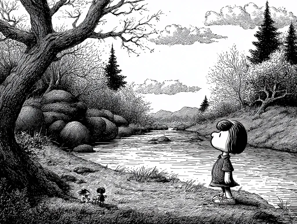A black and white illustration depicts Sally Brown from Peanuts standing by a calm river, gazing pensively at a tranquil landscape.  Large rocks line the riverbank, and a large tree dominates the foreground.  In the distance, rolling hills and a sparse forest create a serene atmosphere. Two smaller figures, possibly children, stand near Sally, adding a sense of scale and companionship. The style is reminiscent of classic comic strip art, detailed and expressive.