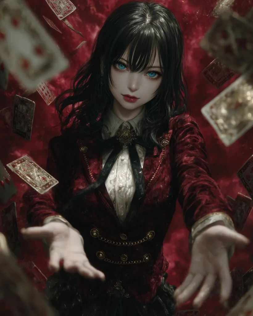 A digital painting depicts a young woman with vibrant blue eyes and dark hair, dressed in a richly colored crimson velvet jacket and white blouse.  Playing cards flutter around her as she extends her hands, seemingly performing a magical act.  Her expression is serene yet captivating, suggesting a mysterious and perhaps slightly mischievous character. The overall atmosphere is dark, dramatic, and evocative of fantasy.