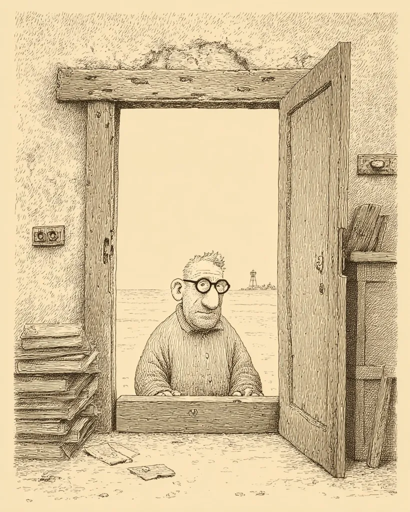 A pen-and-ink illustration depicts an elderly man with glasses, seated in a doorway. He gazes out at a seascape, a distant lighthouse visible.  Stacks of books and papers are scattered nearby, suggesting a cluttered workspace. The doorway is rustic, set within a weathered building. The overall mood is contemplative and slightly melancholic.