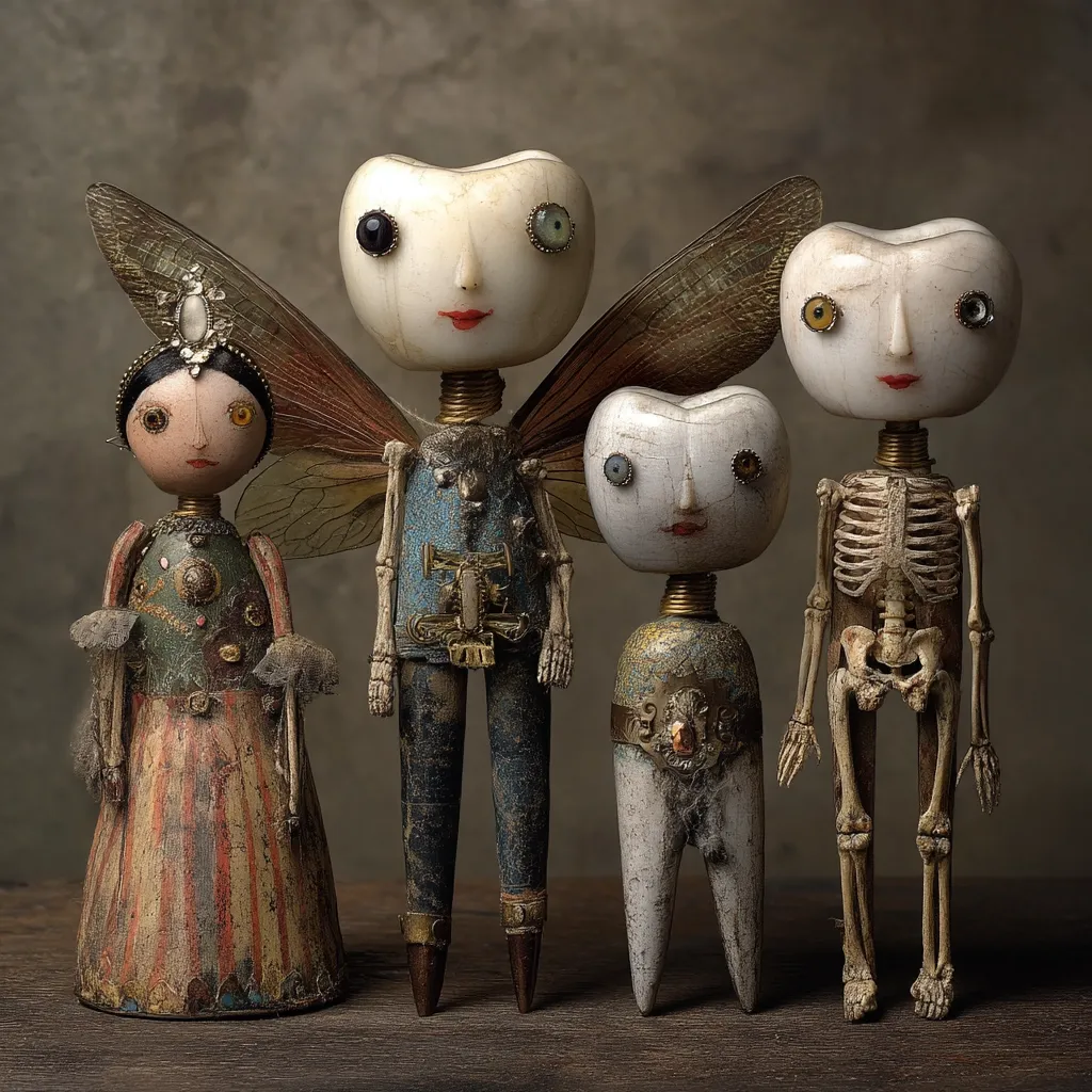 Four whimsical handcrafted dolls stand in a row.  A fairy-like figure with insect wings is flanked by two skeletal figures with tooth heads.  The fourth doll, a princess-like figure in a long gown, completes the group.  Each doll displays intricate detailing and a unique blend of vintage and gothic aesthetics.  The earthy tones and textured surfaces enhance their antique charm.