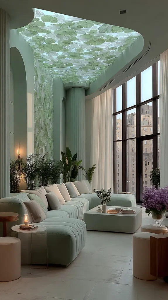A luxurious living room boasts a serene, sage-green palette.  A long, curved sofa anchors the space, complemented by plush cushions and side tables.  Large windows offer stunning city views, while a unique, leafy ceiling adds a touch of nature.  Potted plants and soft lighting complete the tranquil atmosphere.  The overall design is modern and minimalist, emphasizing comfort and style.