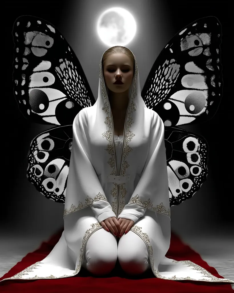 A serene woman, cloaked in a flowing white robe adorned with gold embroidery, kneels on a crimson carpet.  Large, black-and-white butterfly wings extend from her back, framing her peaceful expression. A bright full moon illuminates the scene, creating a mystical and ethereal atmosphere. The image suggests a spiritual or magical being.