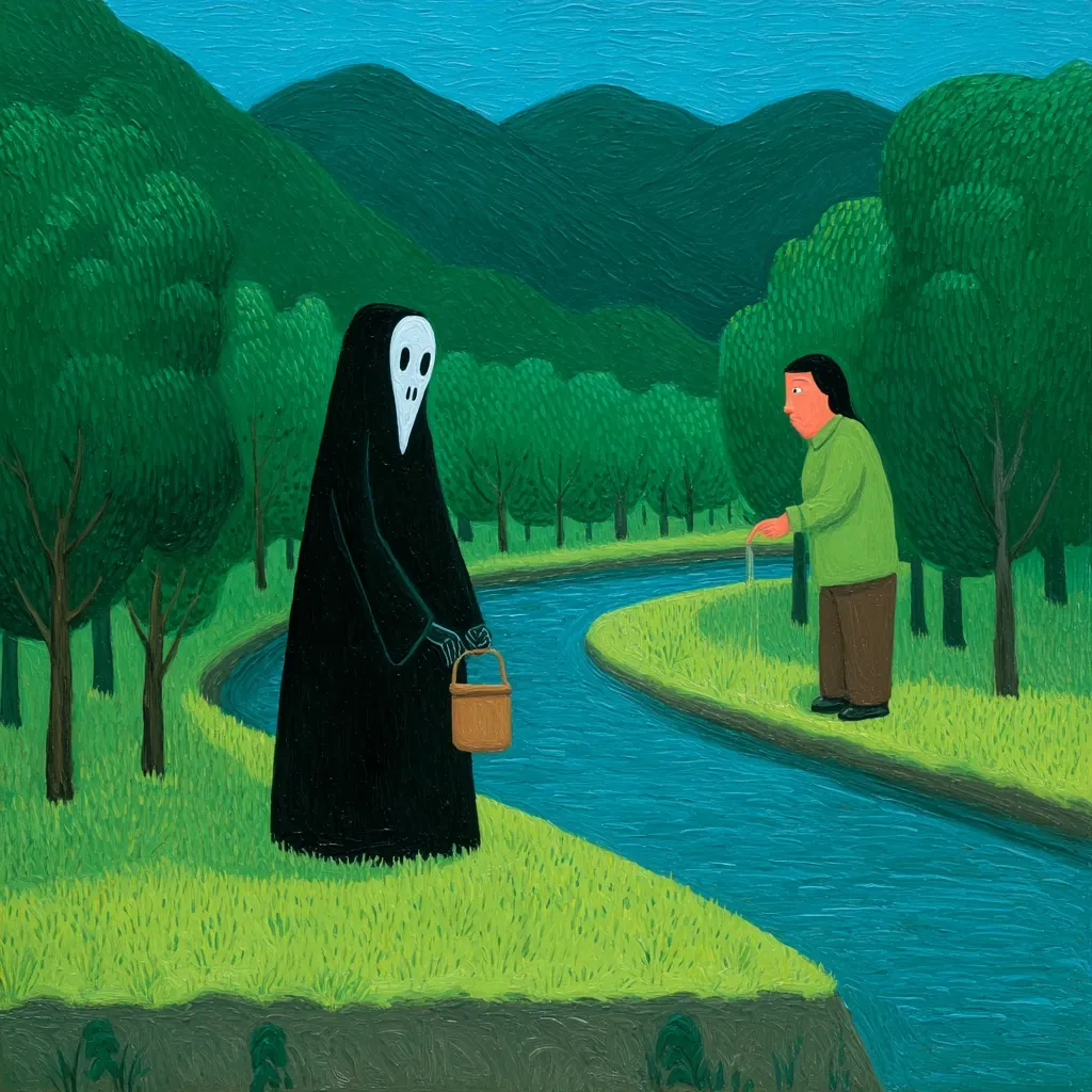 A stylized painting depicts a figure cloaked in black, resembling the Grim Reaper, holding a bucket, standing across a meandering river from a person in green.  The scene is set in a verdant landscape with rolling hills and lush green trees. The style is simple and somewhat childlike, yet evokes a sense of quiet contemplation or impending event. The color palette is muted and natural.