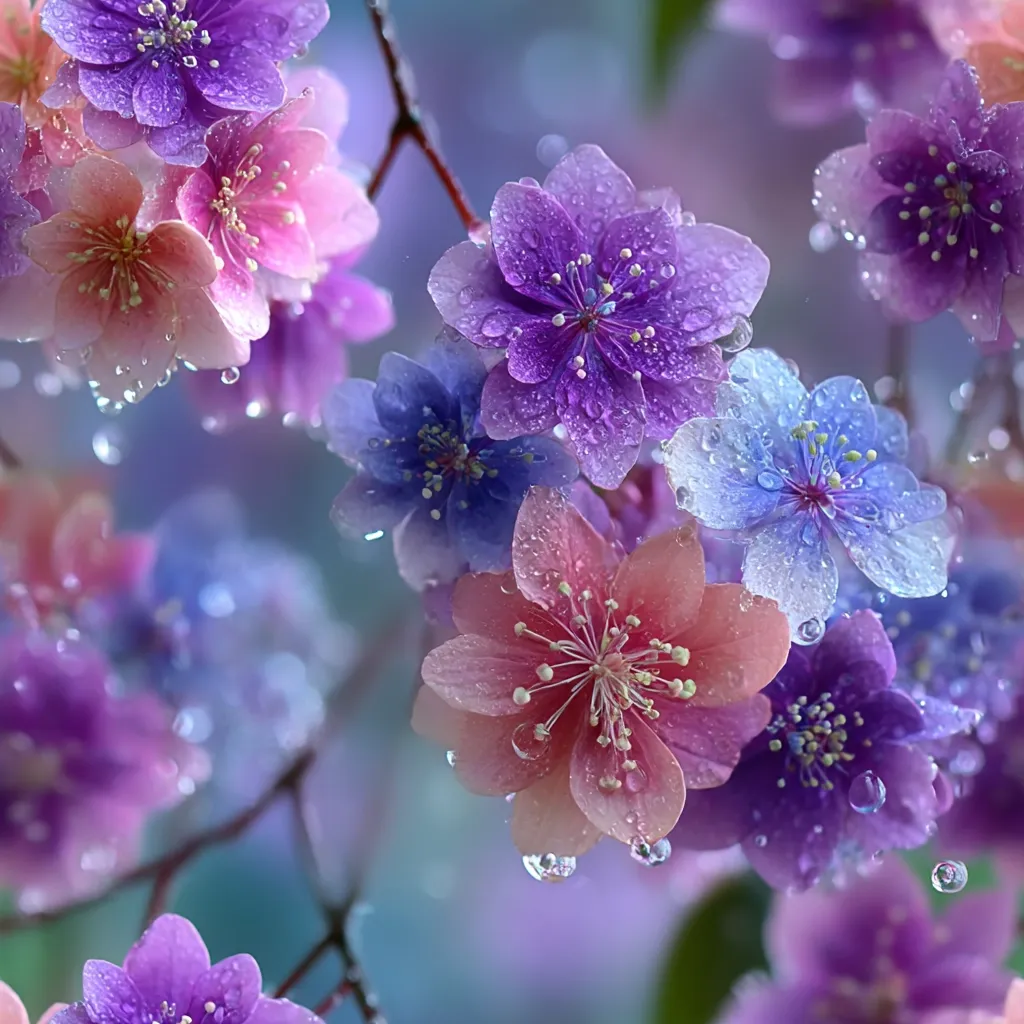 A close-up shot reveals a cluster of delicate flowers in various shades of purple, pink, and blue.  Each blossom is adorned with glistening droplets of water, suggesting a recent rain. The soft focus and pastel colors create a dreamy, ethereal atmosphere. The image evokes feelings of serenity and natural beauty.