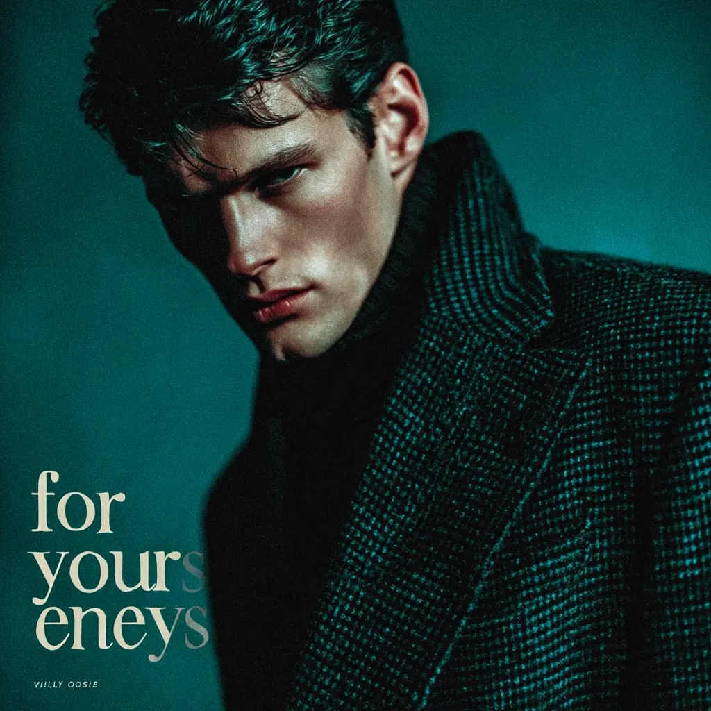 A dark, moody close-up portrait of a young man. He has dark hair styled neatly, and his intense gaze is directed at the viewer. He's wearing a dark green textured overcoat over a turtleneck. The background is a deep teal, enhancing the dramatic lighting and overall mysterious atmosphere. The text "for your eney's" is overlaid, suggesting a story or theme.  The photographer's name, Villy Oosie, is subtly included at the bottom.