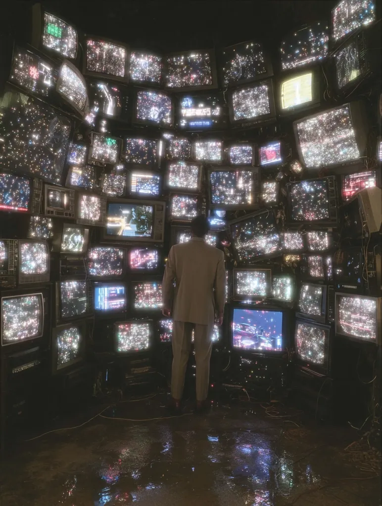 A man stands in the center of a room completely surrounded by numerous vintage televisions.  Each screen displays a glittery, star-like pattern, creating a surreal and overwhelming atmosphere. The televisions are stacked and arranged in a semi-circular formation, filling the space from floor to ceiling. The overall ambiance is dark, mysterious, and slightly unsettling.