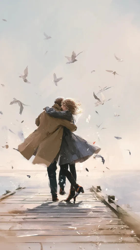 A painting depicts a couple embracing on a wooden pier.  The man in a beige coat holds the woman in a grey dress close.  Birds fly overhead in a soft, light sky, creating a serene and romantic atmosphere. The scene suggests a moment of quiet intimacy and affection, with the couple silhouetted against the expansive sky.  The overall style is painterly and impressionistic.