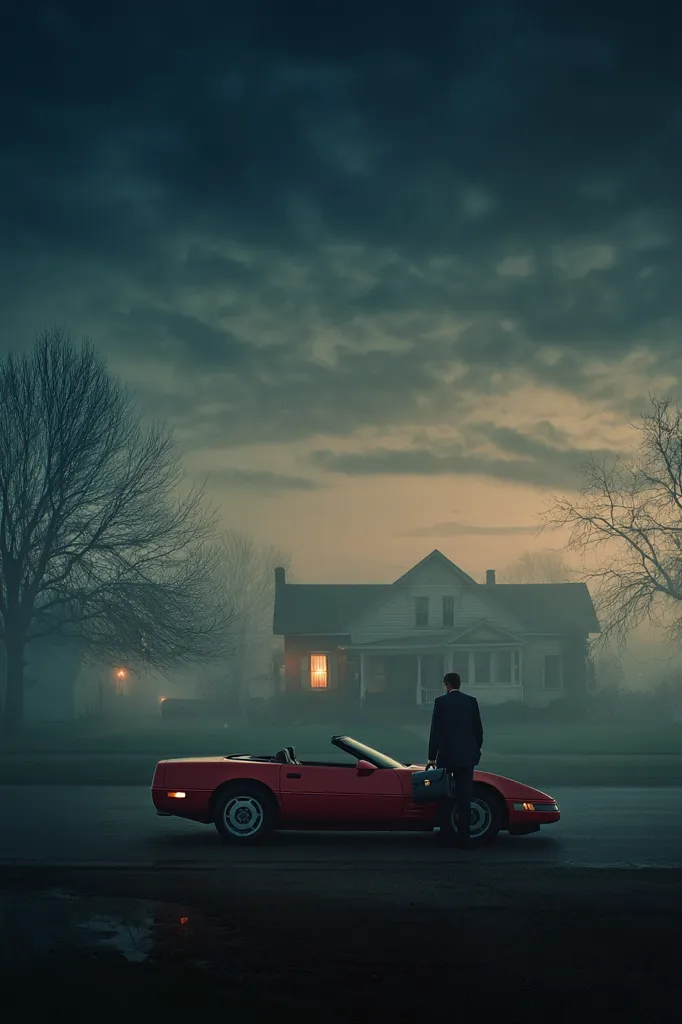 A man in a suit stands beside a red convertible Corvette, facing a farmhouse shrouded in mist under a twilight sky.  Bare trees surround the scene, enhancing the atmospheric mood.  The farmhouse glows with a single lit window, creating a sense of mystery and isolation. The overall image evokes a feeling of quiet contemplation or perhaps unease.