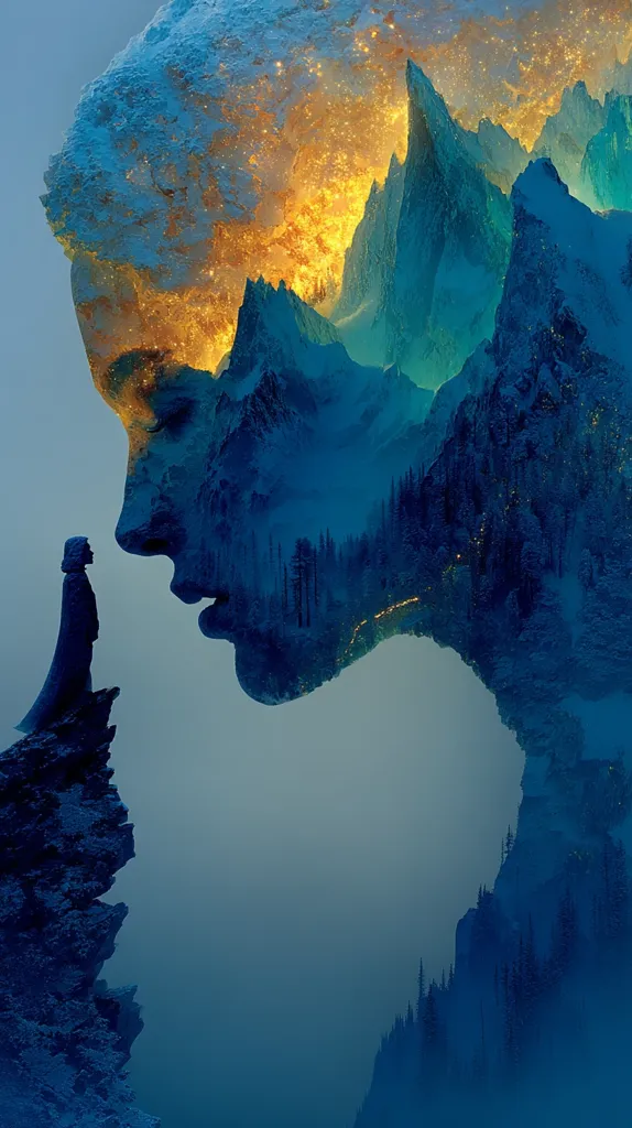 A surreal digital artwork depicts a woman's face merging with a breathtaking mountain landscape.  Golden lights illuminate the peaks within the woman's form, contrasting against the cool blues and icy textures.  A small, cloaked figure stands on a craggy cliff, seemingly gazing up at the majestic, ethereal face. The overall atmosphere is mystical and dreamlike, blending nature and human form in a harmonious yet powerful image.