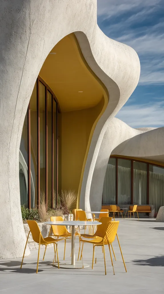 A modern outdoor seating area features a round marble table surrounded by bright yellow chairs.  The setting is defined by a striking architectural structure of curved, textured concrete walls and a mustard yellow interior.  Large windows offer views beyond, and the overall design aesthetic is clean and contemporary, creating a visually appealing space.