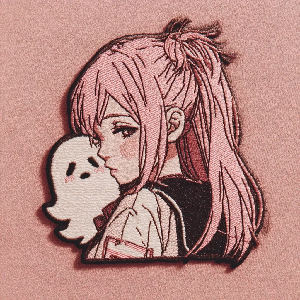 A pink embroidered patch depicts an anime-style girl with long pink hair styled in a high ponytail.  She's shown in profile, her face softly rendered, and a small, cute ghost is nestled against her cheek. The style is delicate and reminiscent of manga illustrations, with soft shading and linework.  The patch appears to be sewn onto a light pink fabric.
