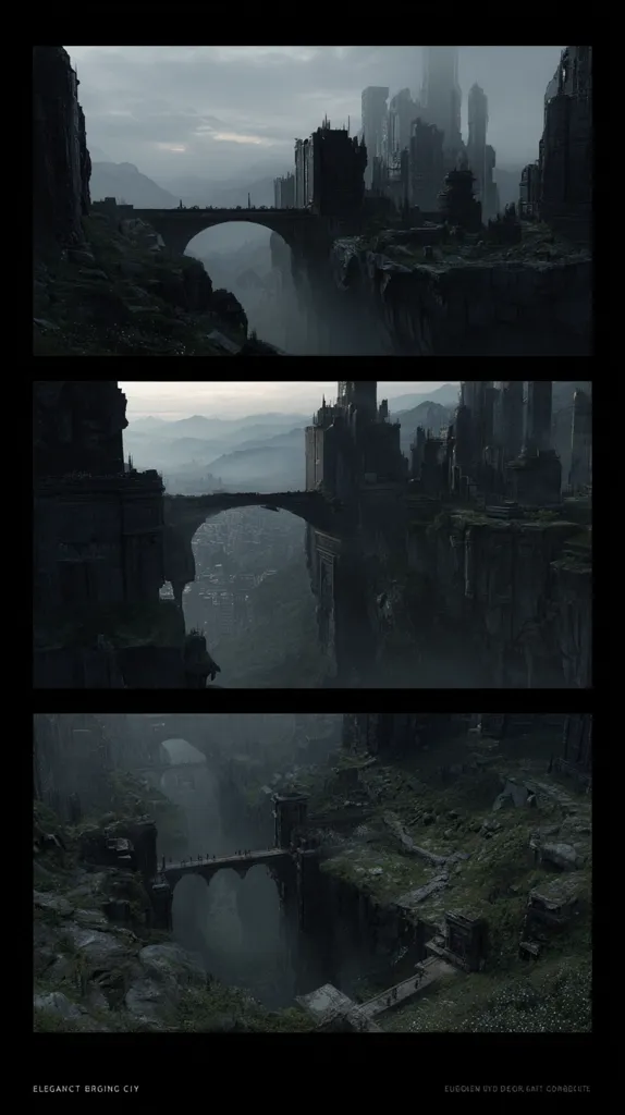 The artwork depicts a series of atmospheric concept sketches of an elegant, bridging city.  Three perspectives show a ruined, yet architecturally impressive city built across deep ravines.  Stone bridges connect the fragmented structures, creating a dramatic and somewhat melancholic mood.  The color palette is muted, with greys and dark greens dominating, suggesting decay and age.  The city's design evokes a sense of grandeur even in its dilapidated state.