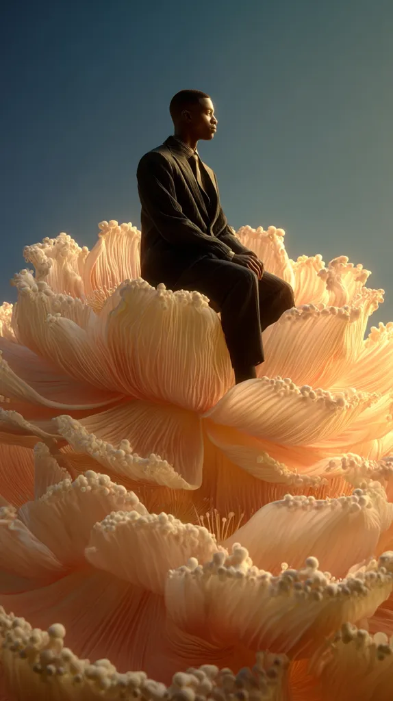 A young Black man in a dark suit sits serenely atop a colossal, peach-colored flower.  The flower's petals are intricately detailed, resembling delicate fabric or perhaps a surreal organism.  The background is a clear, deep blue sky, highlighting the man and the enormous bloom against the vastness. The scene is surreal and evokes a sense of calm contemplation.
