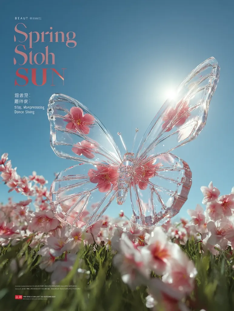 A crystalline butterfly, seemingly sculpted from glass, rests gently amidst a field of delicate pink blossoms.  The sun shines brightly, illuminating the transparent wings that capture the flowers within. The image evokes a feeling of springtime serenity and ethereal beauty, titled "Spring Stoh Sun".  The artist's name is noted as "Sling, Moreprenning, Dance Shiing".