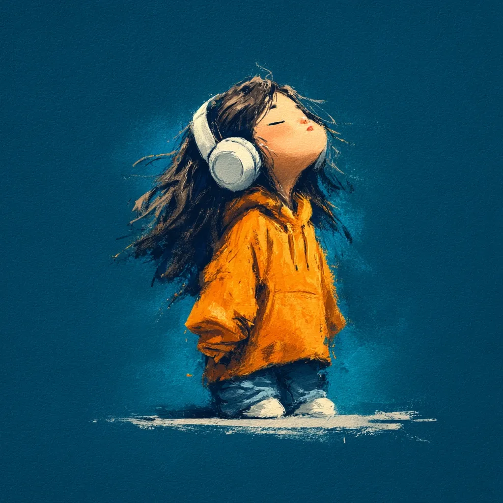 A digital painting depicts a young girl, wearing an orange hoodie and white headphones, standing with her head tilted back, eyes closed, and hair flowing.  The style is painterly and expressive, with visible brushstrokes. The background is a deep teal, creating a striking contrast with the girl's bright clothing. The overall mood is one of peaceful enjoyment and serene listening.