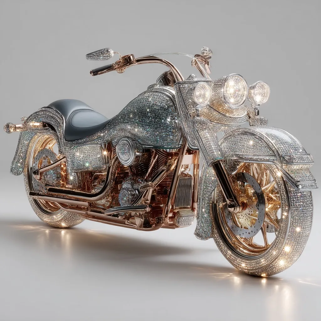 A rose gold and diamond-encrusted custom motorcycle is shown.  The entire bike, including the frame, wheels, and even the engine, is covered in sparkling diamonds.  The dark leather seat contrasts with the glittering embellishments.  The headlights illuminate, showcasing the intricate detail of the luxurious design.  The bike sits on a plain grey background.