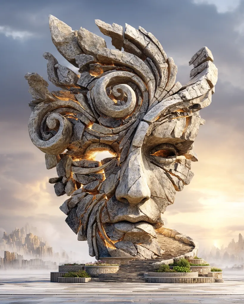 A colossal stone face sculpture dominates the foreground, its fractured surface revealing internal glowing light.  Intricate swirling patterns and fragmented forms create a dramatic, weathered aesthetic.  The face, partially obscured, is mounted on a tiered base with stairs leading into its depths. A hazy cityscape is visible in the background, adding to the monumental scale of the artwork.