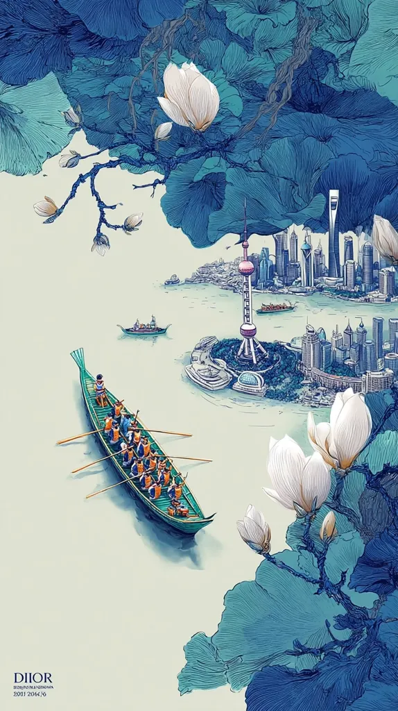 A serene illustration depicts a dragon boat carrying rowers on a tranquil body of water, overlooking a detailed cityscape.  The city skyline features iconic structures like the Oriental Pearl Tower.  Large, stylized magnolia blossoms in shades of blue and white frame the scene, creating a harmonious blend of nature and urban life. The overall aesthetic is elegant and suggestive of a peaceful, prosperous setting.