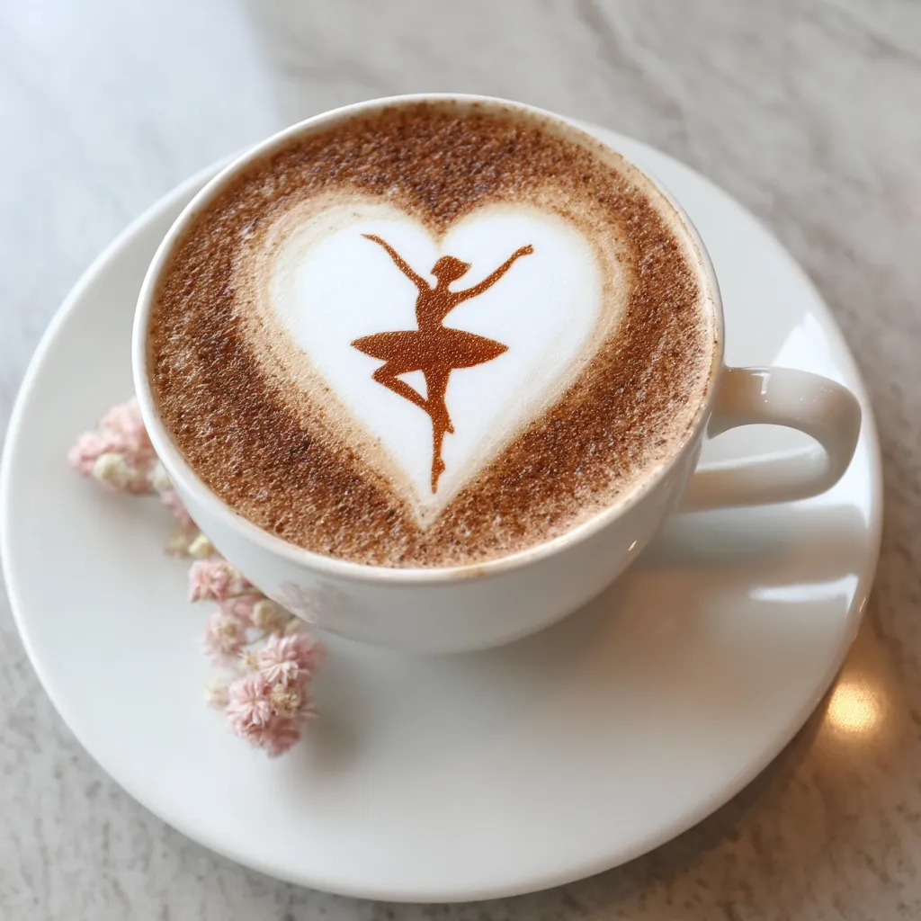 A cup of cappuccino sits on a saucer, adorned with delicate pink flowers.  The cappuccino features intricate latte art: a ballerina silhouette etched within a heart shape in the frothy milk.  The overall scene is elegant and peaceful, suggesting a moment of quiet indulgence. The marble tabletop provides a neutral backdrop.