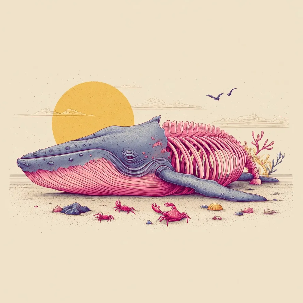 A detailed illustration depicts a whale carcass on a beach at sunset.  Its exposed ribcage and partially decayed flesh are rendered in pink, contrasting with the blue-grey of its skin.  Small crabs scuttle around the whale, emphasizing its decomposition. The scene is peaceful yet melancholic, highlighting the cycle of life and death in nature.  A setting sun casts a warm glow on the beach.