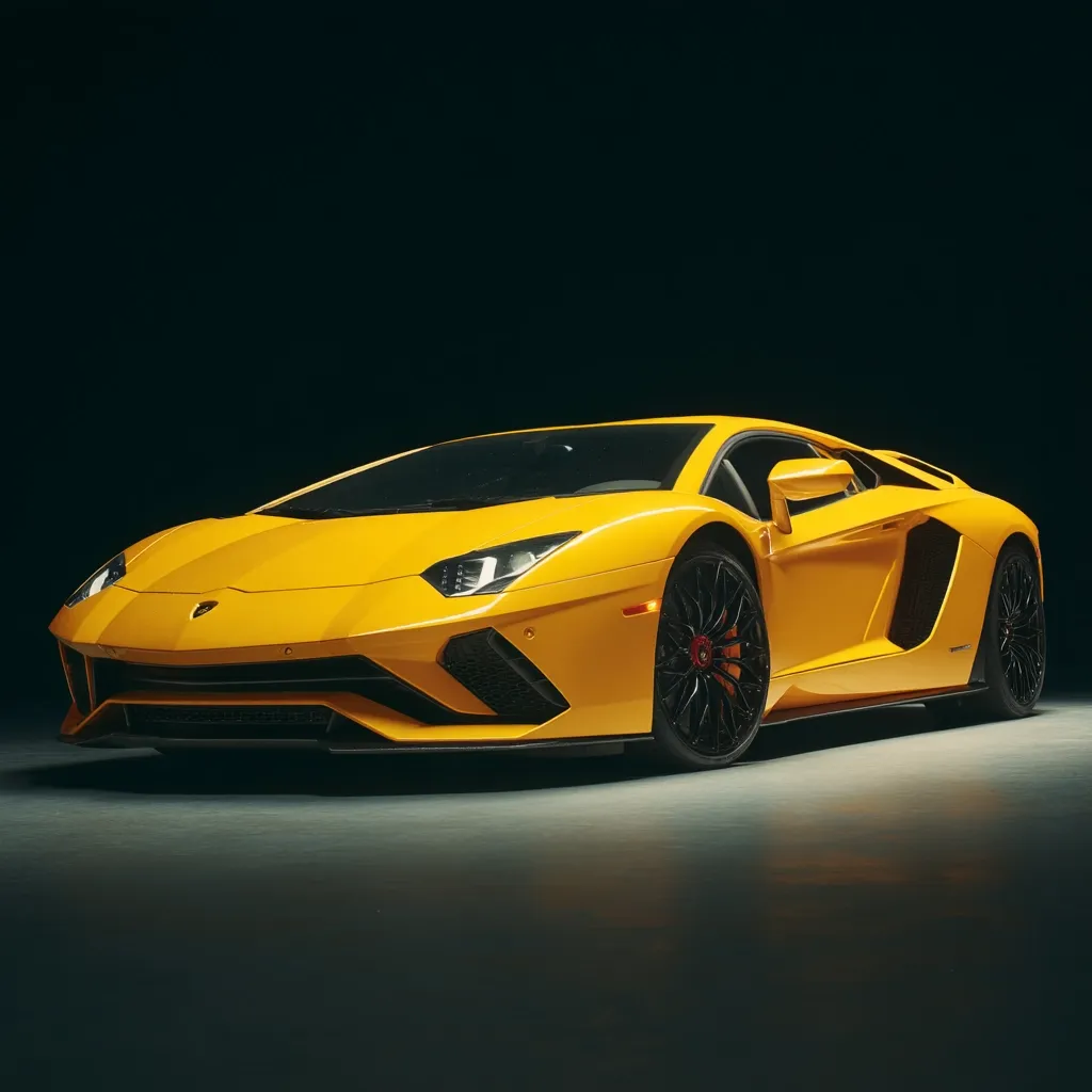 A vibrant yellow Lamborghini Aventador, a luxury sports car, is showcased in a dramatic low-light setting.  The sleek lines and aerodynamic design of the vehicle are highlighted against a dark background, emphasizing its powerful and aggressive stance. The car's black rims and details add contrast to the bold yellow paint job.  The image is sharply focused, with reflections visible on the floor.