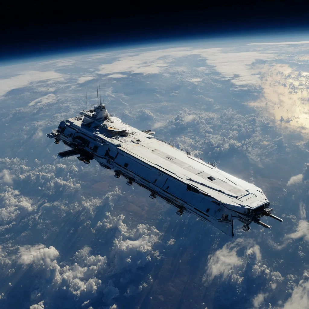 A large, white spaceship, resembling a futuristic aircraft carrier, floats in space above a partly cloudy Earth.  The vessel is long and slender, with a prominent bridge structure.  The planet below is a mix of blue oceans and fluffy white clouds, showcasing a stunning view from orbit.  The image evokes a sense of vastness and futuristic exploration.