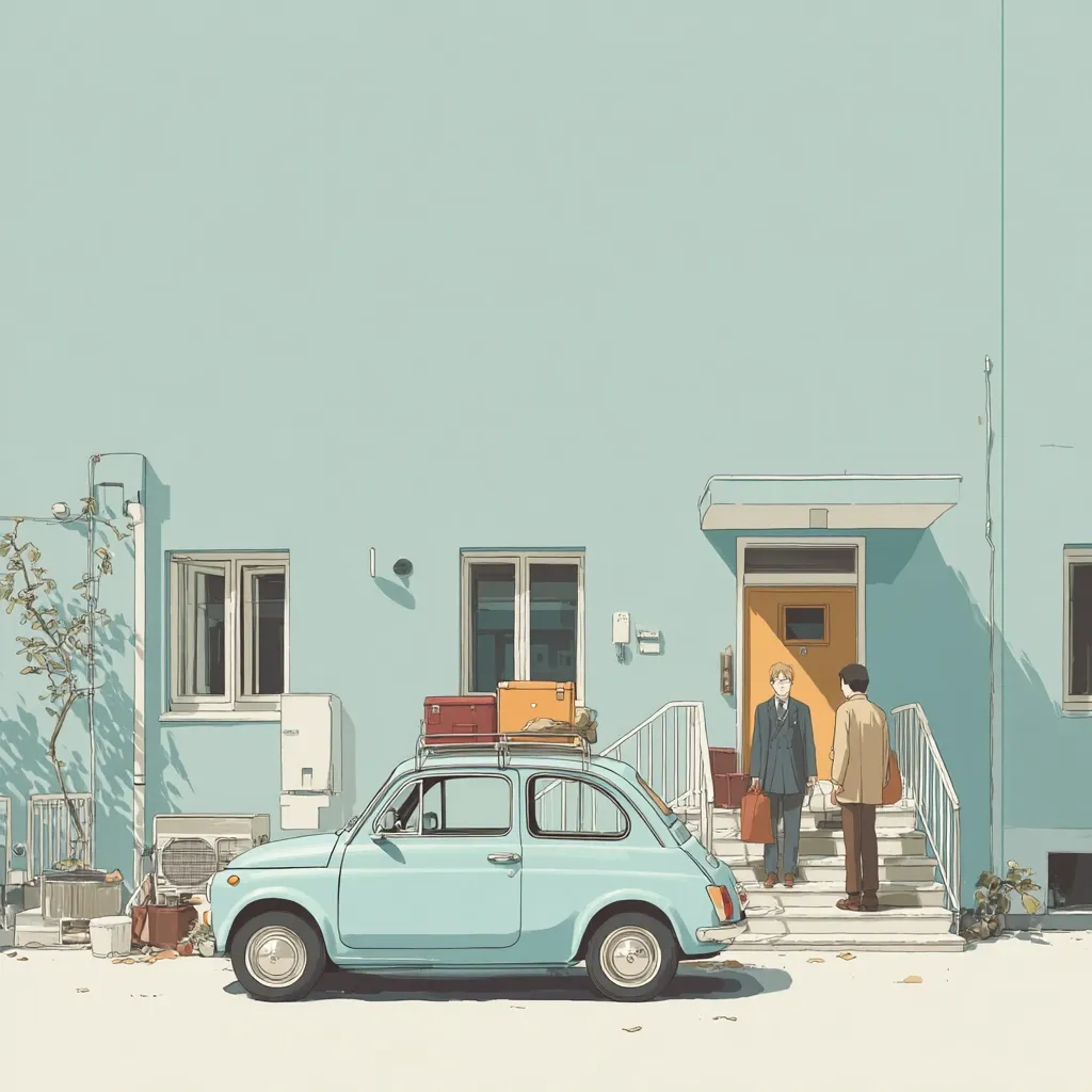A light blue vintage Fiat 500, carrying luggage on its roof rack, is parked in front of a pale teal building. Two men stand on the steps of the building's entrance, seemingly engaged in conversation.  The scene is peaceful and evocative of a quiet moment, possibly a farewell or arrival. The style is clean and minimalist, with a muted color palette.  Sunlight casts shadows, adding depth to the illustration.