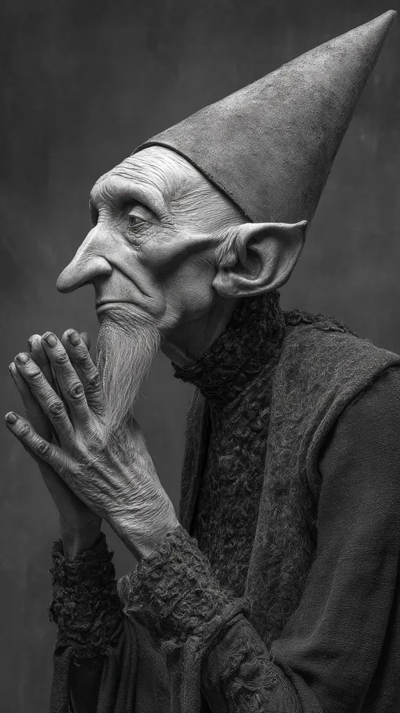 A black and white close-up shot depicts a sculpted figure, possibly an elf or gnome, wearing a pointed hat and dark robes.  The figure's face is deeply lined, showing age and wisdom, and its hands are clasped in prayer. The texture of the clothing and skin is highly detailed, giving a realistic feel to the otherwise fantastical subject. The overall mood is contemplative and somewhat somber.