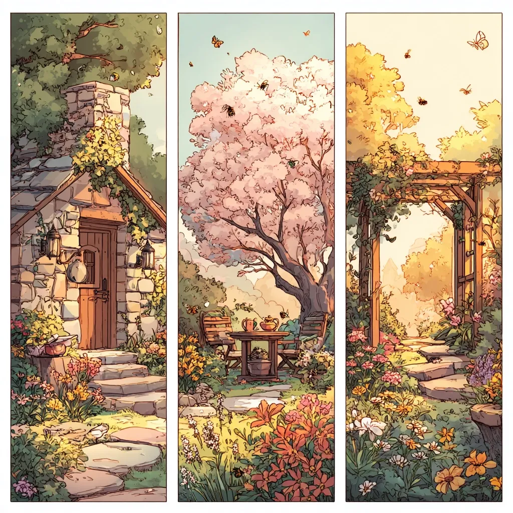 A charming stone cottage nestles in a vibrant garden, depicted in a triptych.  The central panel shows a blossoming pink tree shading a tea table.  The left panel features the cottage's stone steps and flowerbeds, while the right showcases a wooden pergola leading to a sunlit path.  Butterflies and bees flit amongst the colorful blooms, creating a peaceful and idyllic scene.