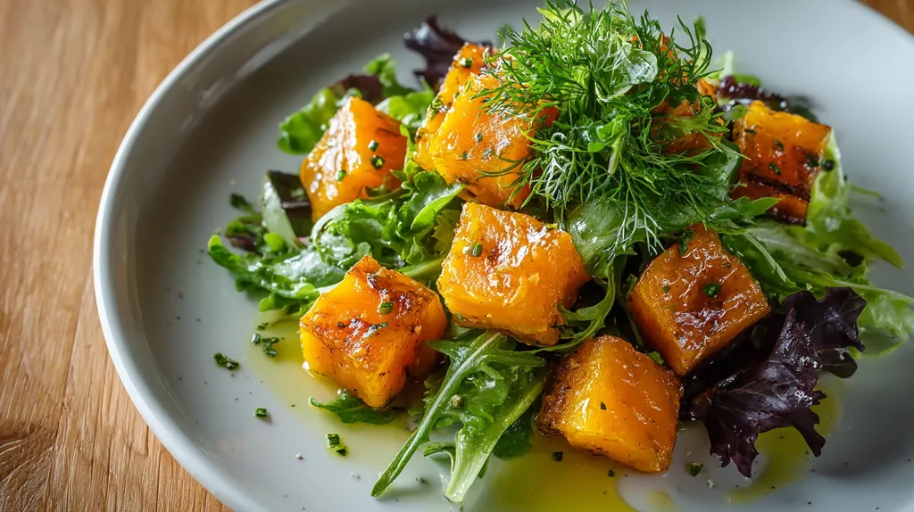 A vibrant salad features roasted butternut squash cubes, tossed with a mix of fresh greens, including red and green leaf lettuce.  The salad is dressed with a light vinaigrette and garnished with fresh dill, creating a visually appealing and healthy dish.  The cubes of squash have a caramelized, slightly browned exterior, suggesting a flavorful roasting process.
