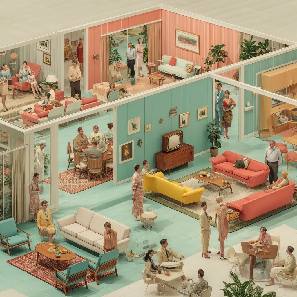 A meticulously detailed isometric illustration depicts a mid-century modern home, split into two color-coded sections: peach and teal.  Numerous small figures populate the scene, engaging in various activities like dining, socializing, and relaxing in stylish furniture.  The overall aesthetic is one of serene domesticity, reflecting the idealized family life of the 1950s.  The image's sharp lines and pastel color palette create a calming yet vibrant visual narrative.