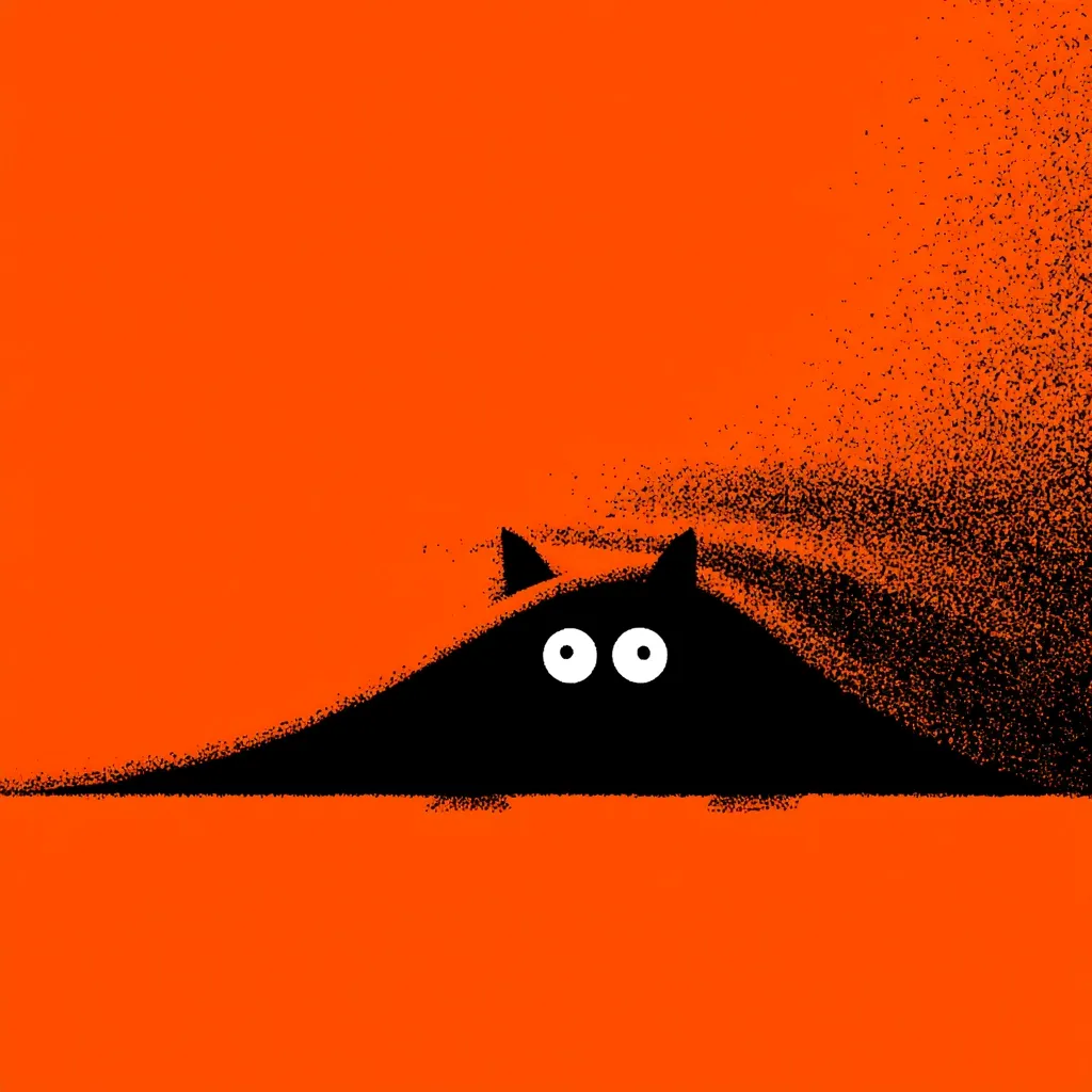 A playful illustration features a black cat peeking from behind a dark, textured form against a vibrant orange background.  The cat's large, round eyes are prominently displayed, creating a sense of playful mischief or hidden surprise. The texture suggests a fabric or blanket, enhancing the image's whimsical Halloween aesthetic.  The contrasting colors and simple design create a bold visual statement.