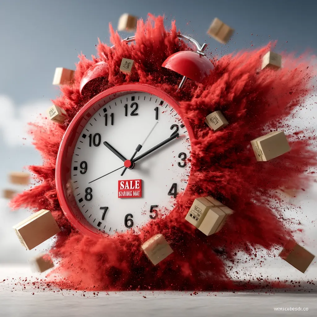 A red alarm clock explodes in a burst of red powder, with small cardboard boxes flying through the air.  The clock's face reads "Sale" with smaller text below, emphasizing a sense of urgency.  The image suggests a time-sensitive sale or promotional event with fast shipping.  The dynamic composition creates a visually striking advertisement.