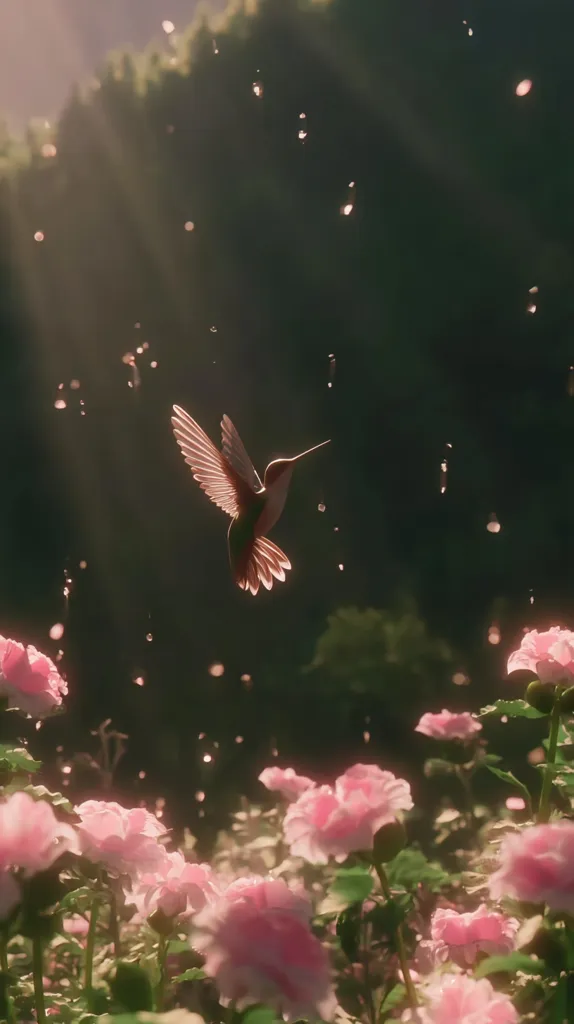 A hummingbird hovers amidst a garden of delicate pink roses.  Sunlight streams through the scene, creating a magical, ethereal atmosphere.  Water droplets fall gently, enhancing the dreamlike quality of the image.  The hummingbird's wings are outstretched, its body a silhouette against the light.  The overall effect is one of serene beauty and tranquility.