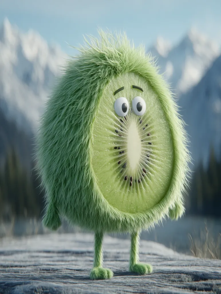 A fluffy, green kiwi character stands on a gray surface against a backdrop of snow-capped mountains and a forest.  The character has large, expressive eyes and small furry legs. Its body is a kiwi fruit slice, covered in soft, green fur. The overall scene evokes a whimsical, playful atmosphere.