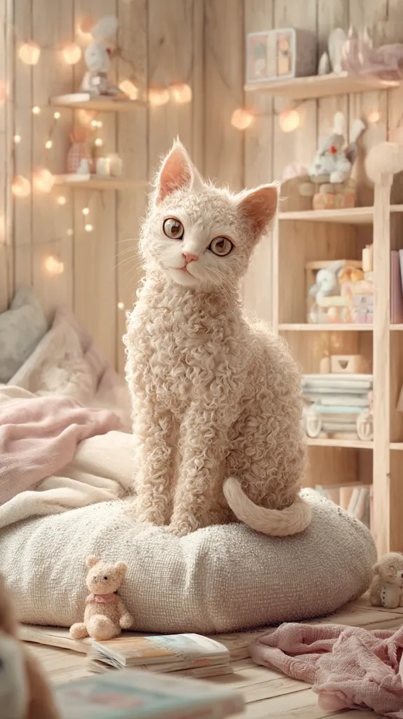 A fluffy Selkirk Rex kitten sits on a light grey cushion in a child's bedroom.  The room is decorated in soft pastels and features shelves filled with toys and books.  Fairy lights twinkle softly, creating a warm and cozy atmosphere. The kitten gazes directly at the viewer, its large eyes and thick fur adding to its endearing charm.  A small stuffed bear rests beside it.