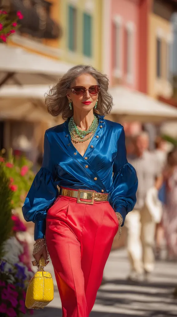 A stylish older woman with silver hair strolls down a sun-drenched street. She's dressed in a vibrant ensemble: a cobalt blue satin blouse with puffed sleeves, paired with striking red trousers and a gold belt.  She carries a yellow quilted handbag and wears sunglasses, layered necklaces, and earrings.  The background is blurred, showcasing a row of colorful buildings.