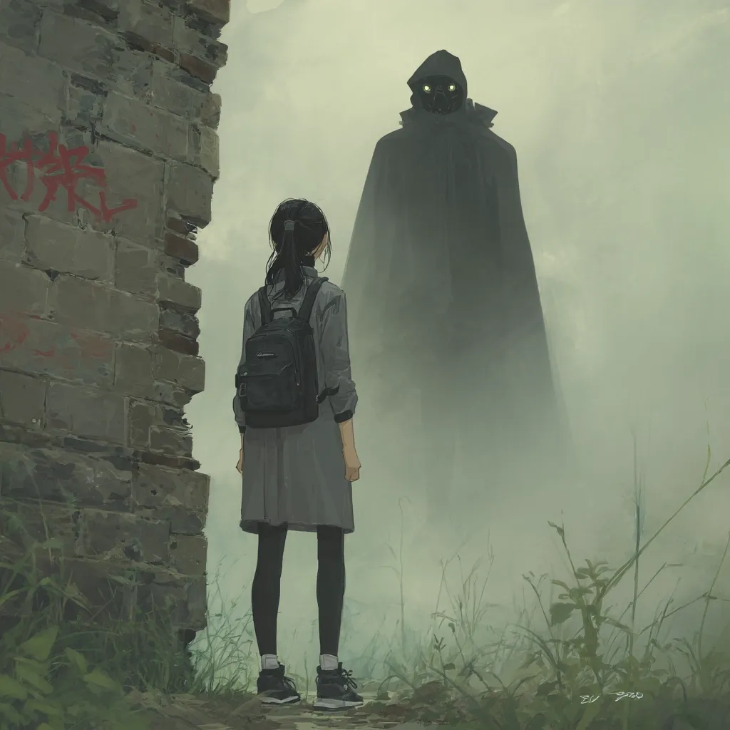 A young girl with a backpack stands before a large, hooded figure shrouded in mist. The girl, dressed in grey, appears apprehensive as she faces the enigmatic being.  The scene is set against a backdrop of an old, crumbling stone wall and overgrown vegetation, adding to the atmosphere of mystery and unease. The overall mood is somber and slightly ominous.