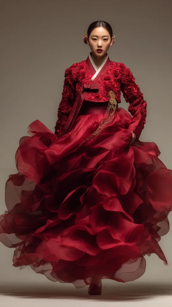 A young woman gracefully poses in a stunning crimson Hanbok. The richly textured, rose-embellished jacket contrasts beautifully with the voluminous, flowing skirt.  The deep red hue is complemented by gold accents, creating a regal and elegant ensemble. The overall effect is one of breathtaking beauty and traditional Korean style.