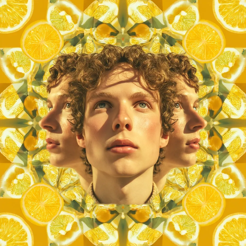 A kaleidoscopic image features a young man with curly light brown hair, his face duplicated in a mirrored effect.  He gazes upward, sunlight illuminating his features.  The background is a vibrant, symmetrical pattern of lemon slices, creating a visually striking and zesty composition.  The overall aesthetic is bright, cheerful, and slightly surreal.