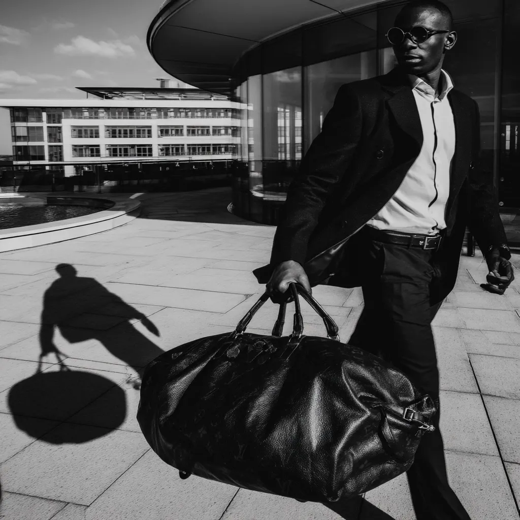 A stylishly dressed man in a dark suit and sunglasses strides purposefully across a modern plaza, his shadow elongated on the ground behind him. He carries a large, leather duffel bag. The background showcases a sleek, glass-fronted building, suggesting a busy urban environment. The monochrome palette emphasizes the contrast between light and shadow, creating a dramatic effect.  The overall mood is one of confident, efficient movement.