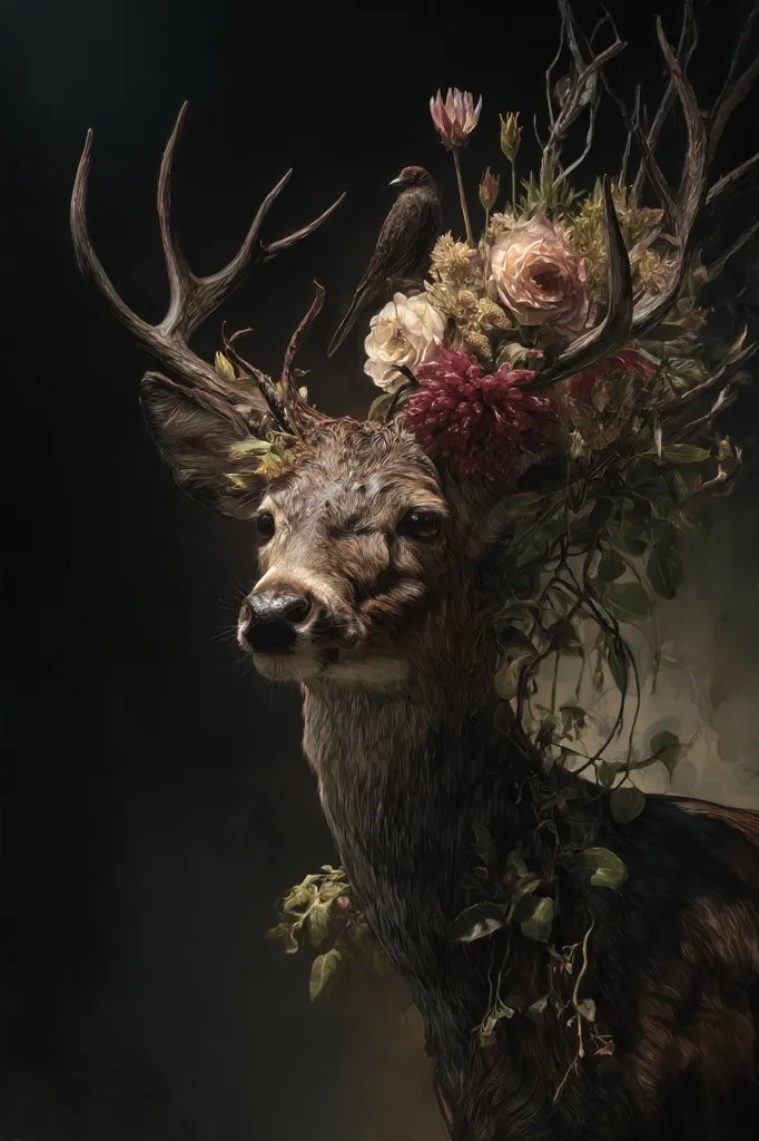 A deer's head and antlers are adorned with a lush arrangement of dark, moody flowers and vines.  A small bird perches amidst the blossoms. The overall tone is dark and romantic, creating a surreal and captivating image.  The deer's expression is serene, its fur appearing wet or dark. The background is a deep, shadowy expanse.