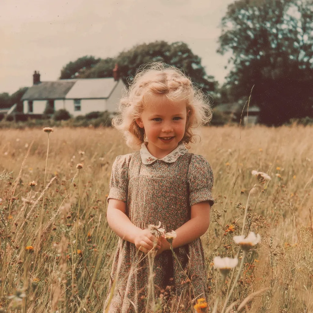A young girl with blonde, curly hair smiles sweetly. She wears a floral, short-sleeved dress with a Peter Pan collar.  Standing in a tall-grass field dotted with wildflowers, a small white cottage is visible in the background. The scene evokes a nostalgic, idyllic countryside setting. The image has a vintage, slightly faded quality.