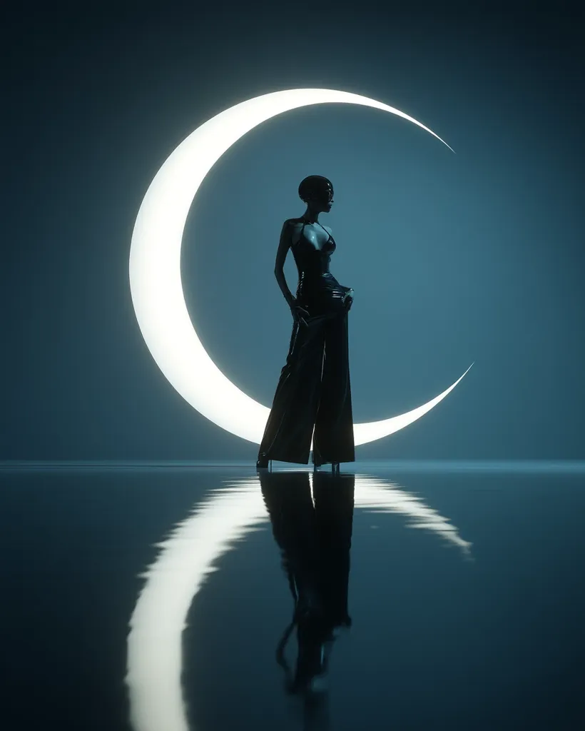 A silhouetted woman in a dark, elegant gown stands before a large, luminous crescent moon.  The scene is reflected in a still, dark body of water, creating a symmetrical and ethereal image. The overall mood is mysterious and sophisticated, emphasizing the contrast between the dark figure and the bright celestial backdrop.